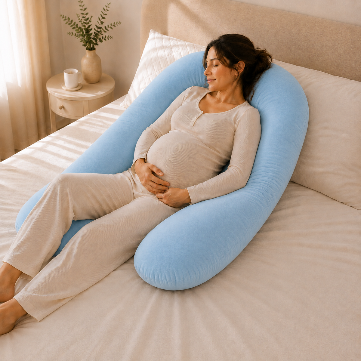 Almohada de embarazo ergonómica en U celeste con modelo descansando
