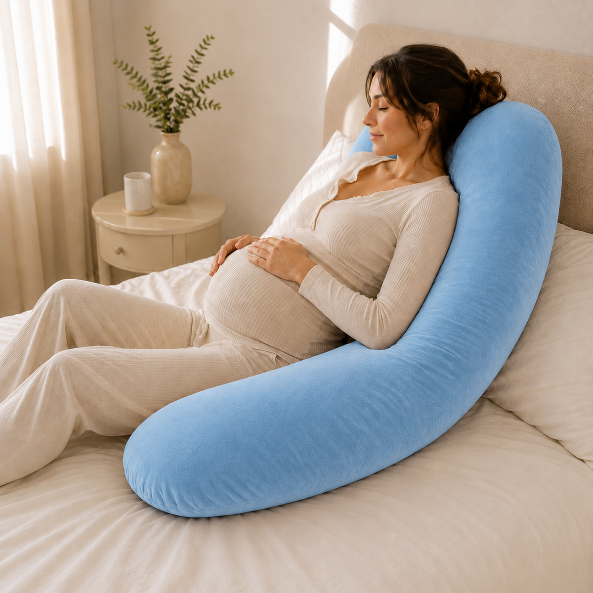 Almohada de embarazo ergonómica en U celeste, vista lateral