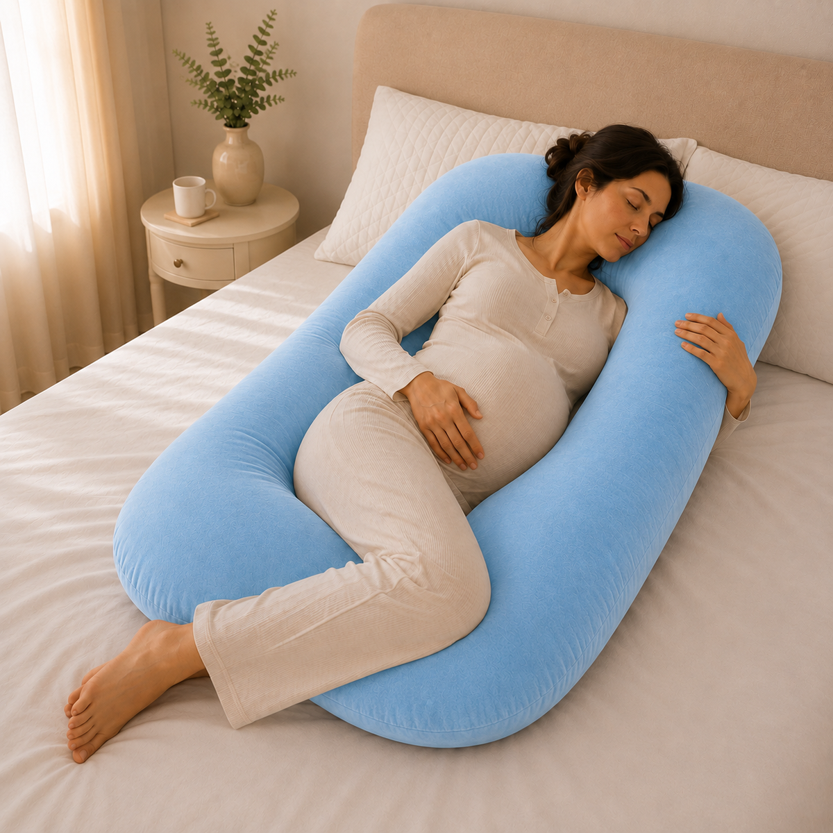 Almohada de embarazo ergonómica en U celeste con modelo durmiendo