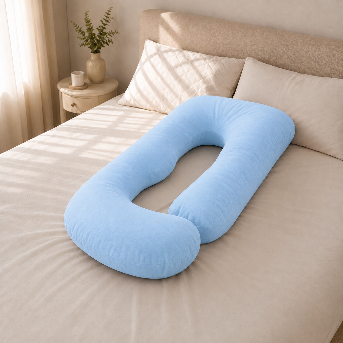 Almohada de embarazo ergonómica en U celeste sobre la cama