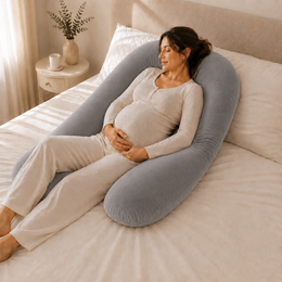 Almohada de embarazo ergonómica en U plata con modelo descansando