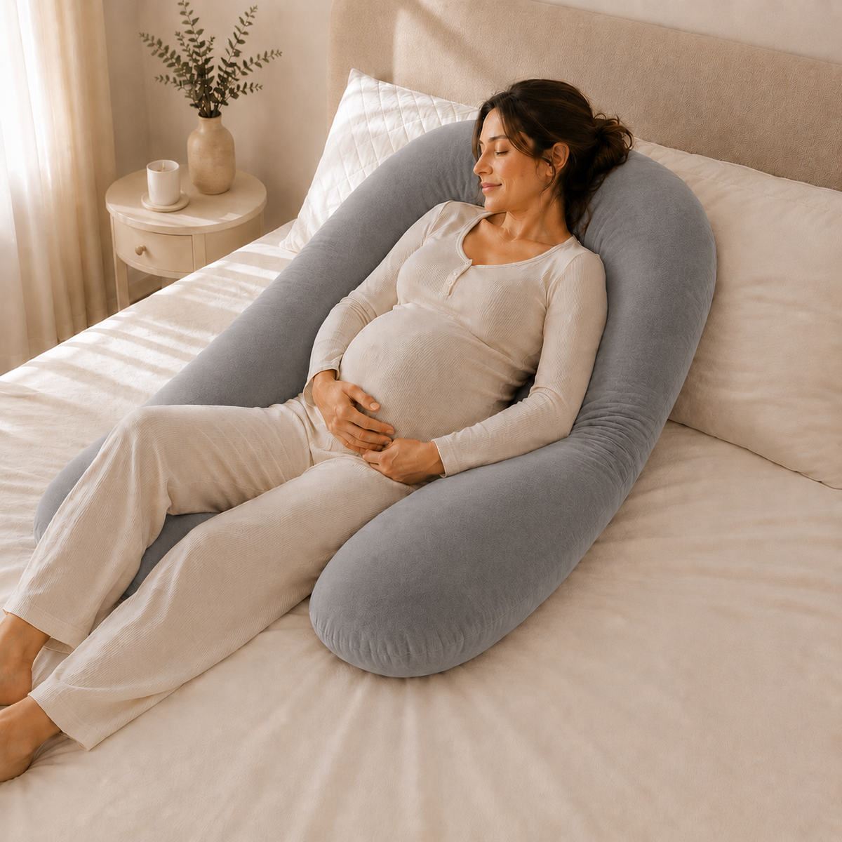 Almohada de embarazo ergonómica en U plata con modelo descansando