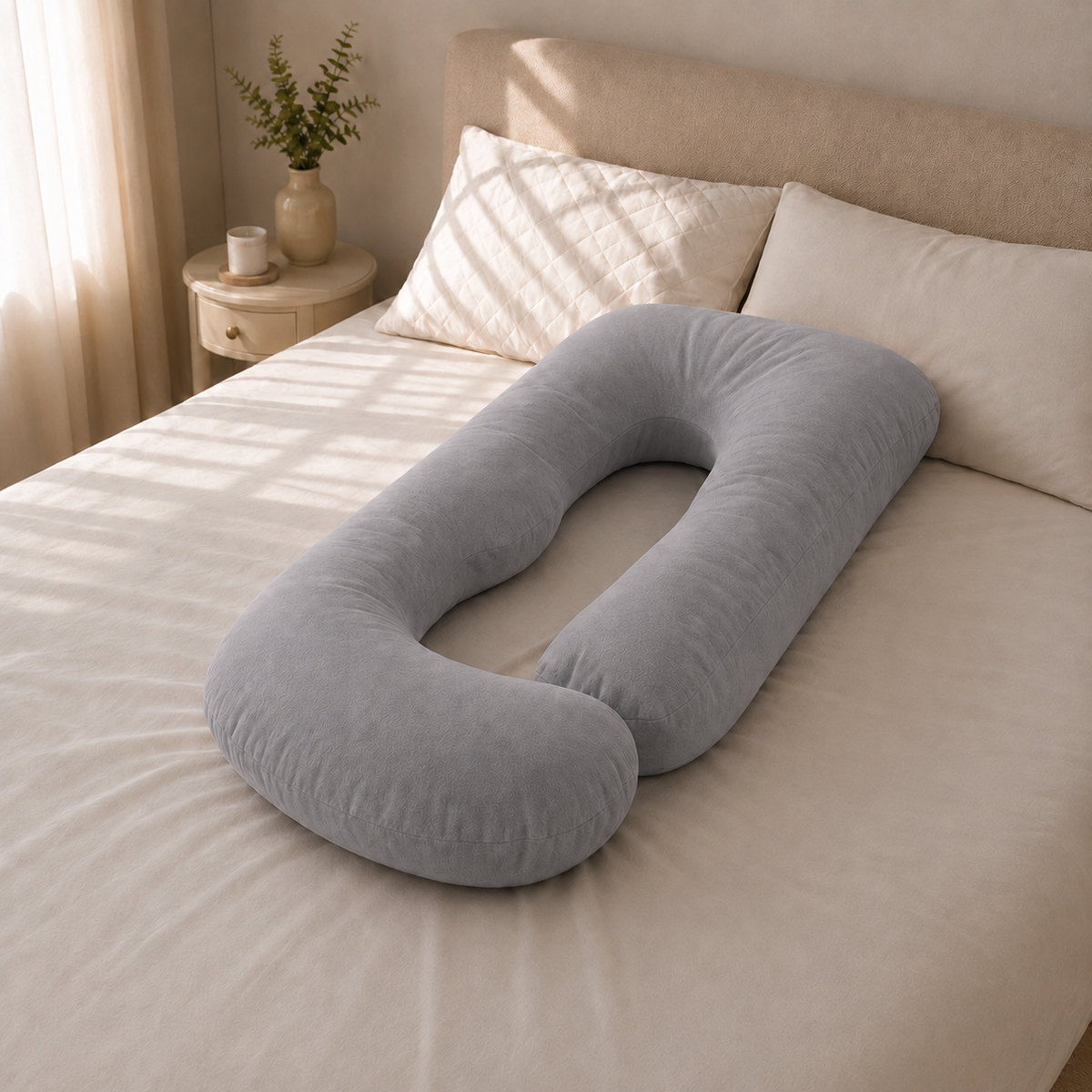 Almohada de embarazo ergonómica en U plata sobre la cama