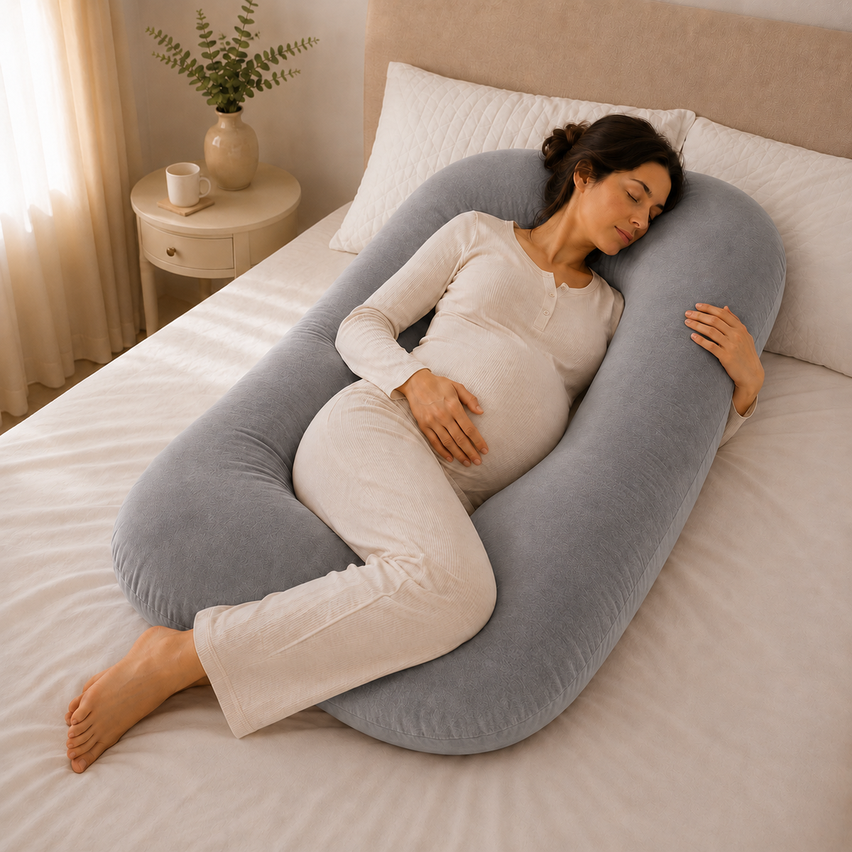 Almohada de embarazo ergonómica en U plata con modelo durmiendo