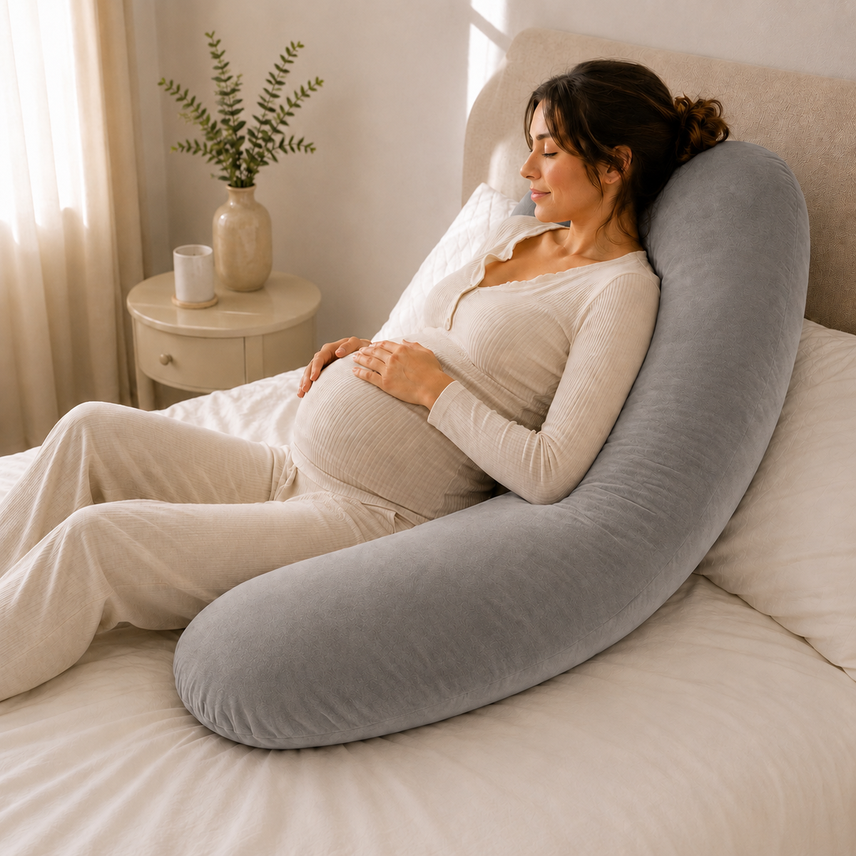 Almohada de embarazo ergonómica en U plata, vista lateral