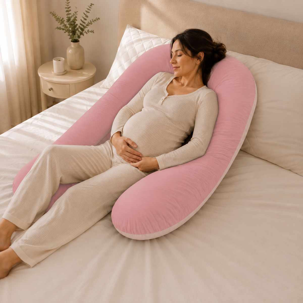 Almohada de embarazo ergonómica en U rosa con modelo descansando