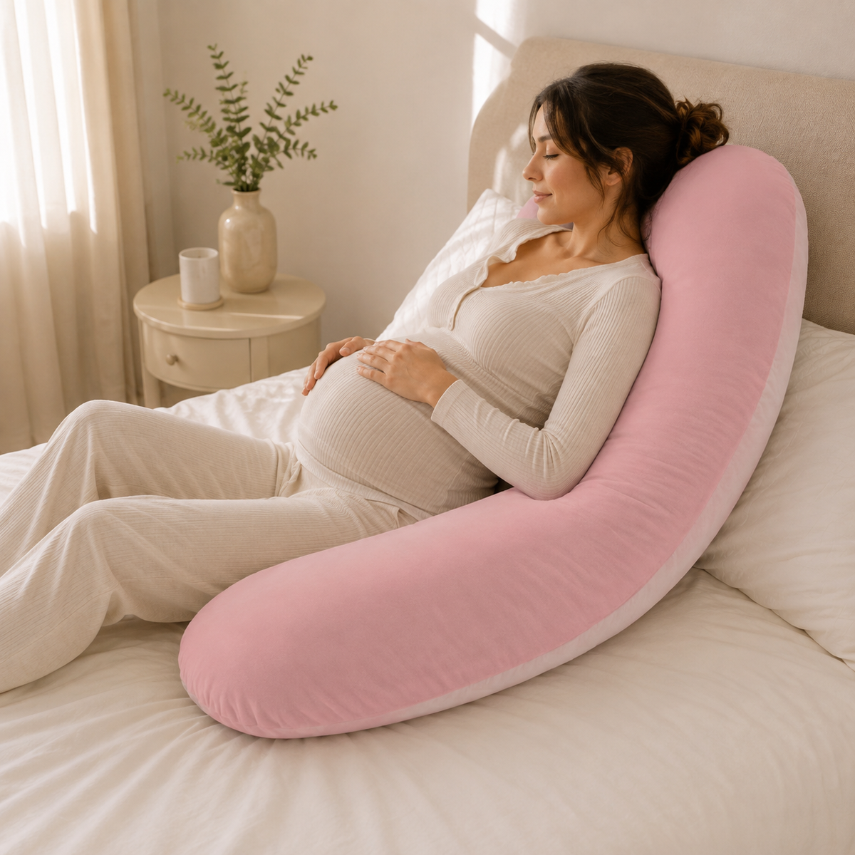 Almohada de embarazo ergonómica en U rosa, vista lateral