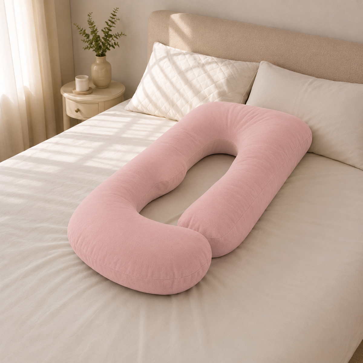 Almohada de embarazo ergonómica en U rosa sobre la cama