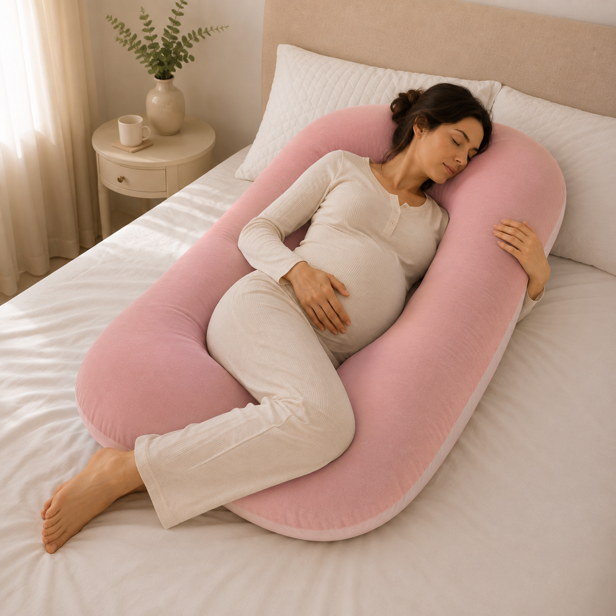 Almohada de embarazo ergonómica en U rosa con modelo durmiendo