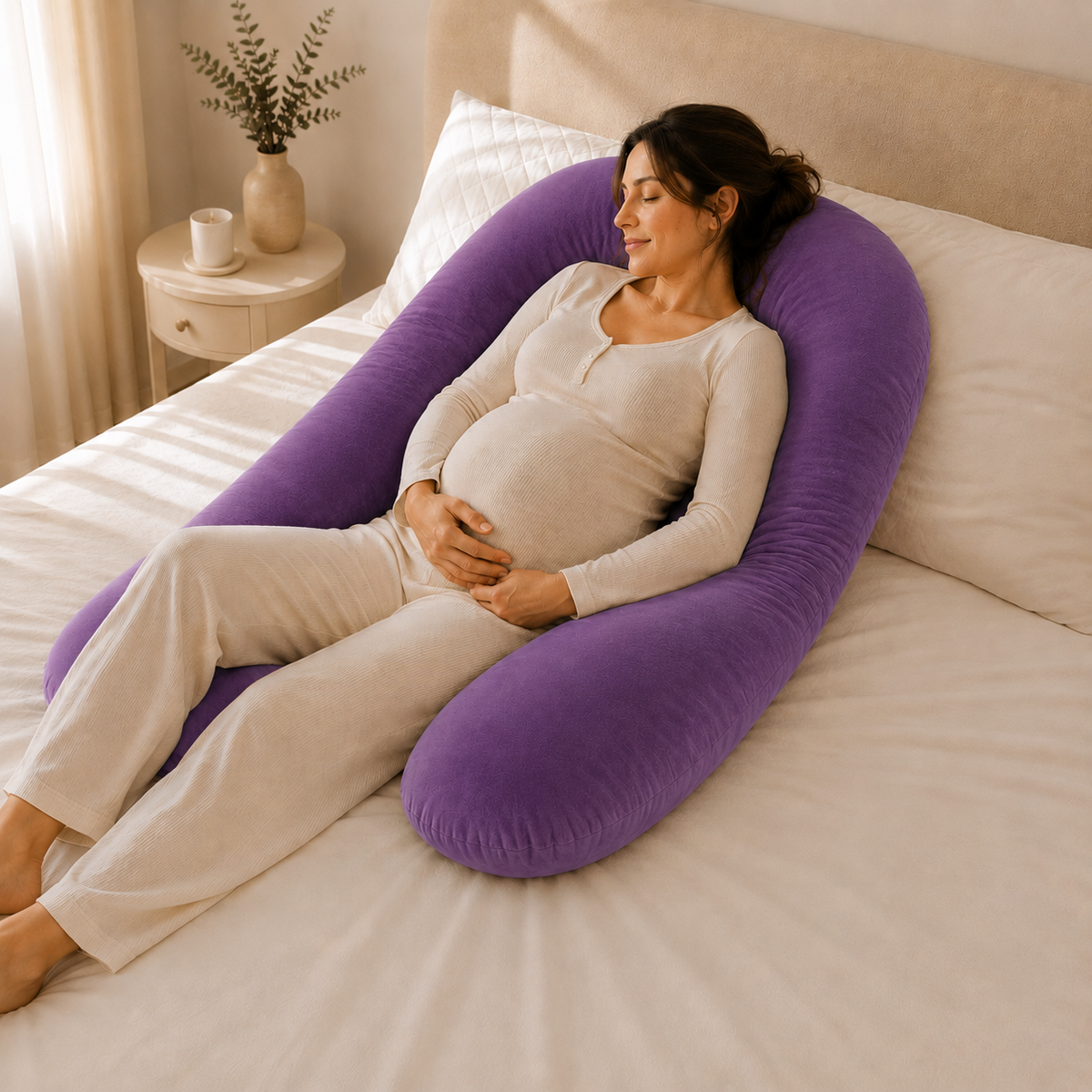 Almohada de embarazo ergonómica en U violeta con modelo descansando