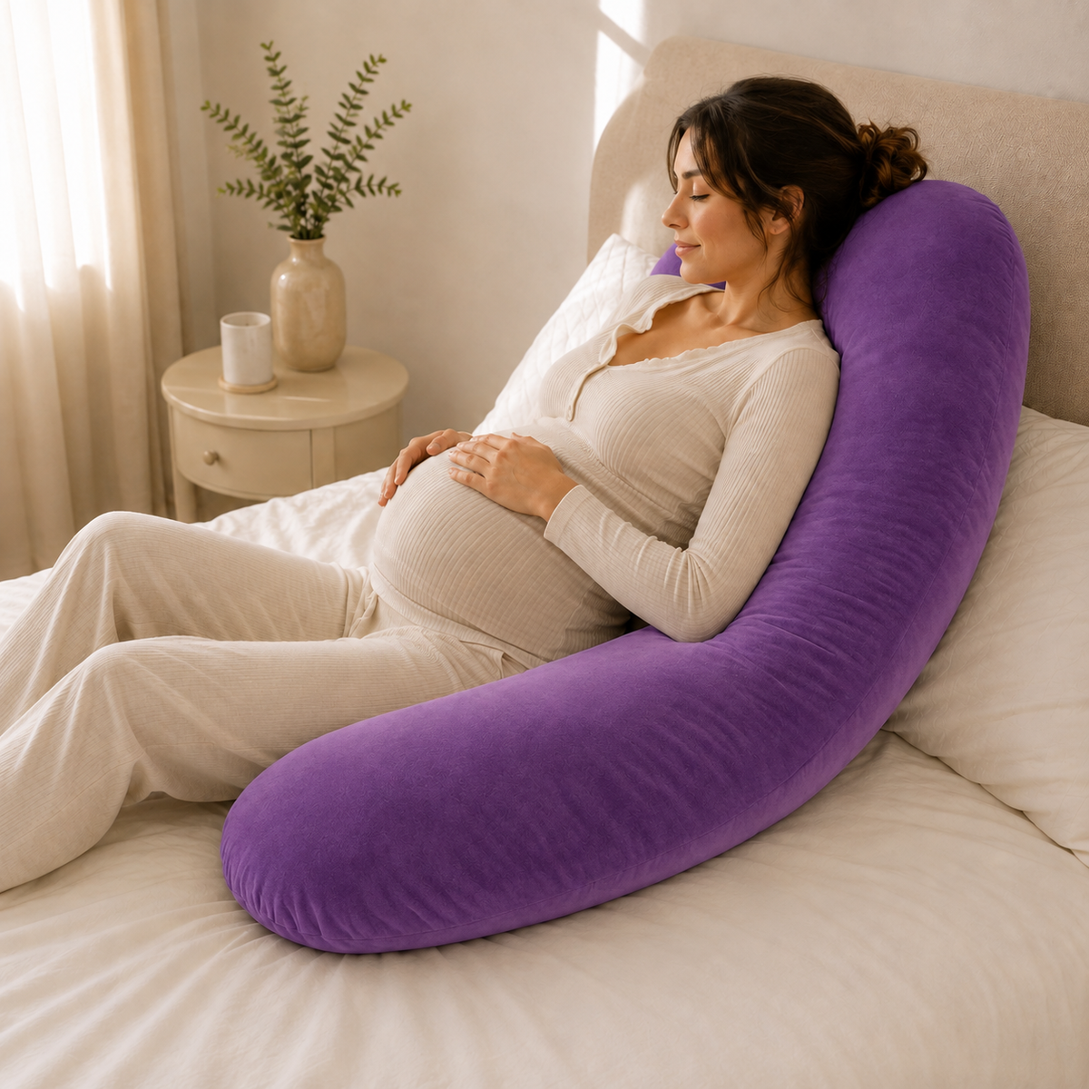 Almohada de embarazo ergonómica en U violeta, vista lateral