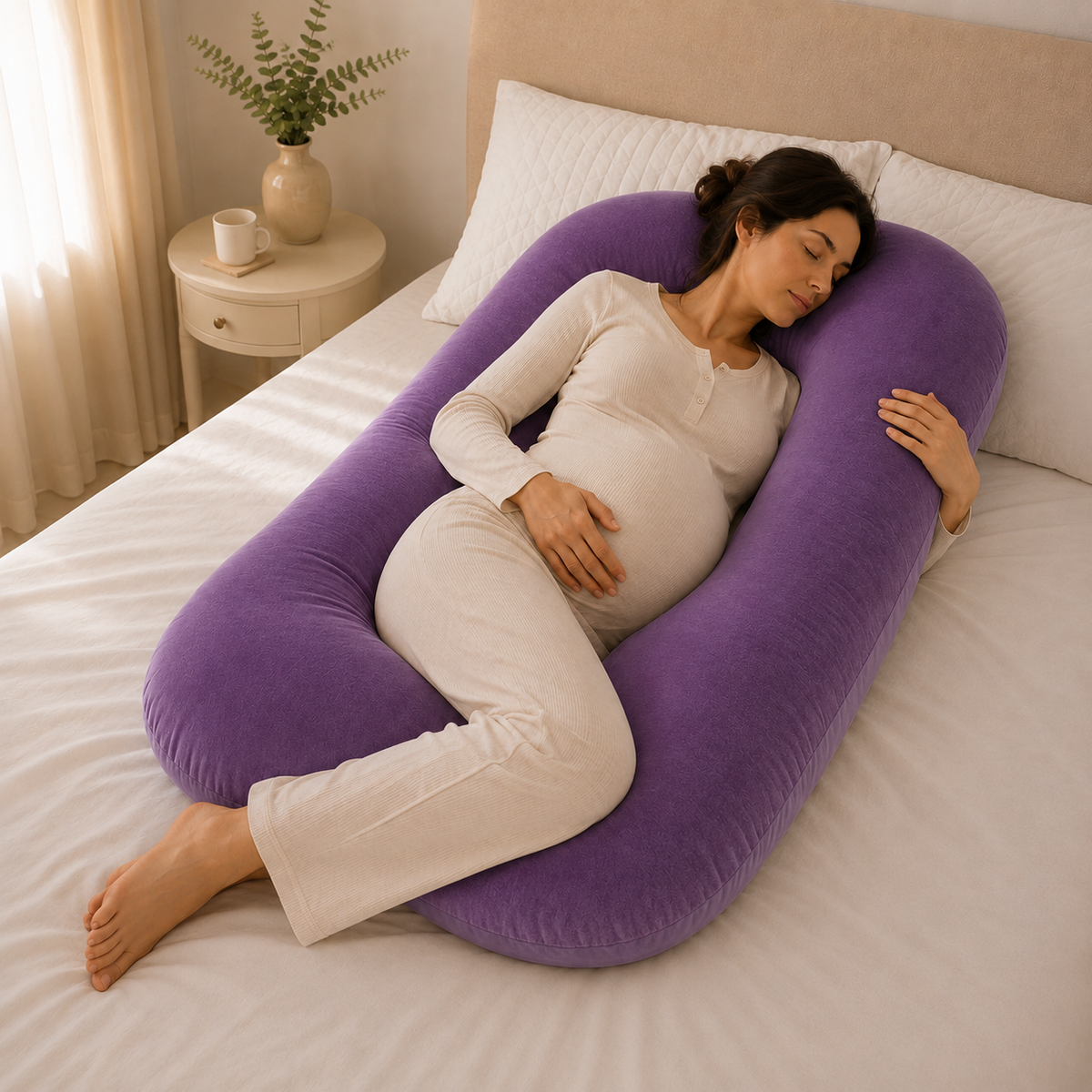 Almohada de embarazo ergonómica en U violeta con modelo durmiendo