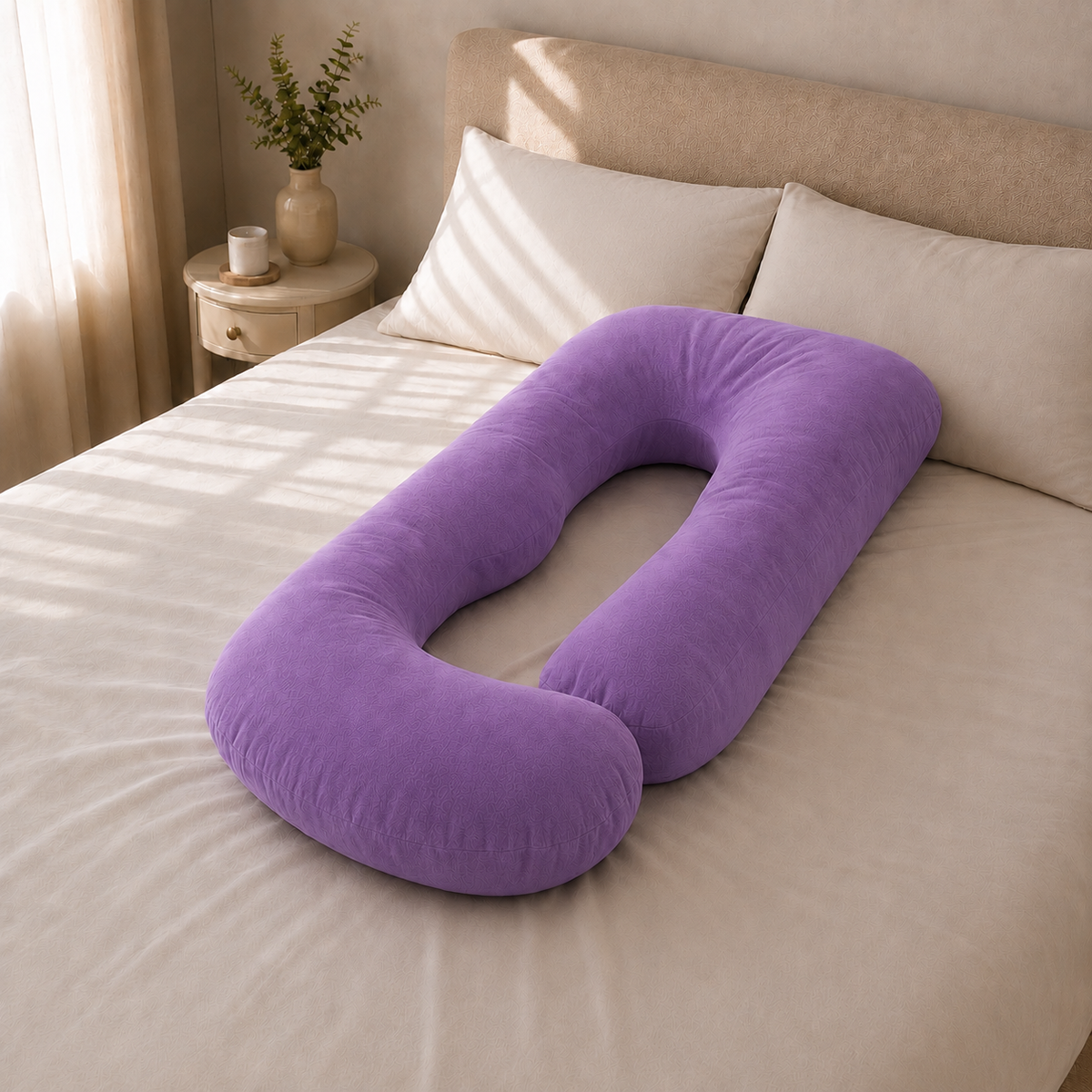 Almohada de embarazo ergonómica en U violeta sobre la cama