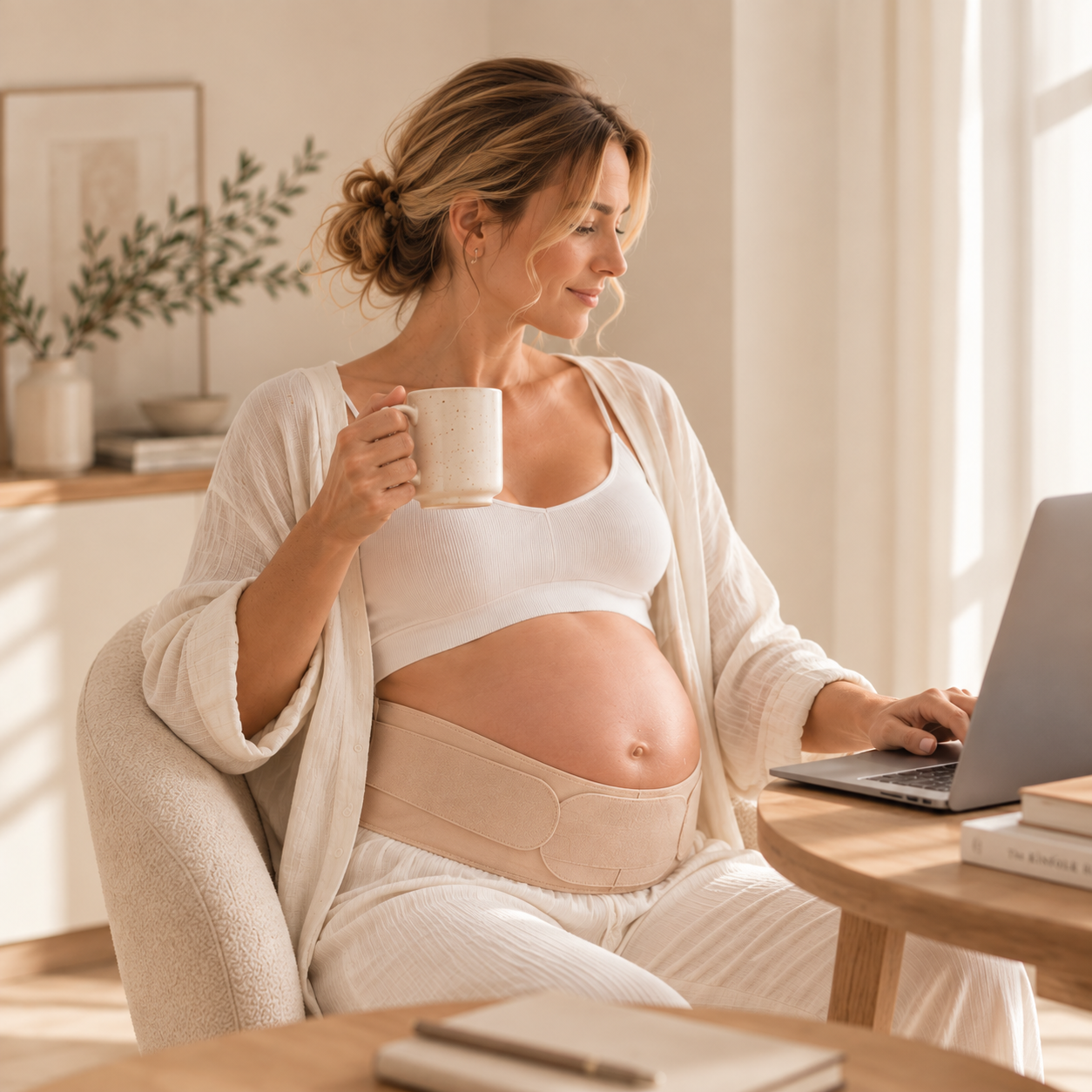Mujer embarazada usando ComfortBump mientras trabaja desde casa