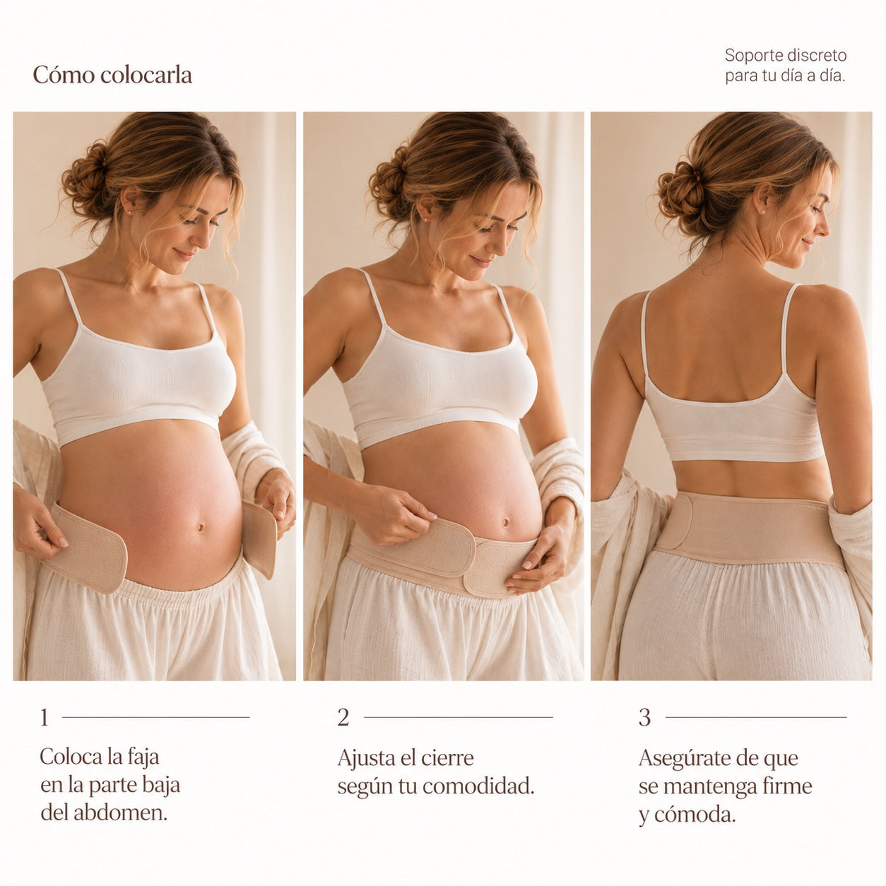 Pasos para colocar ComfortBump en la parte baja del abdomen y ajustar el cierre